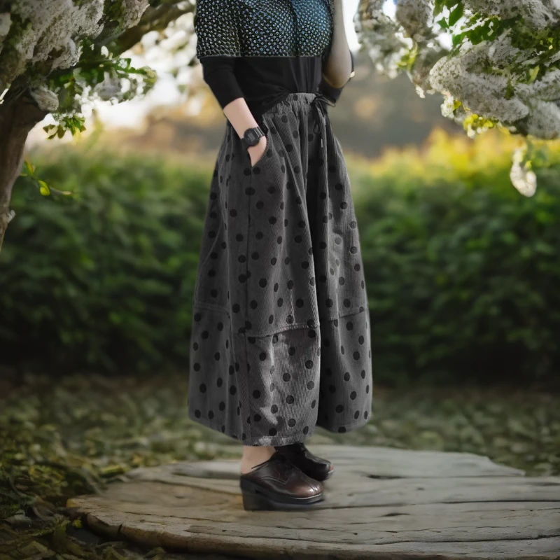 【昊雅】时尚波点 秋冬文艺复古休闲灯芯绒A字中长款半裙印花