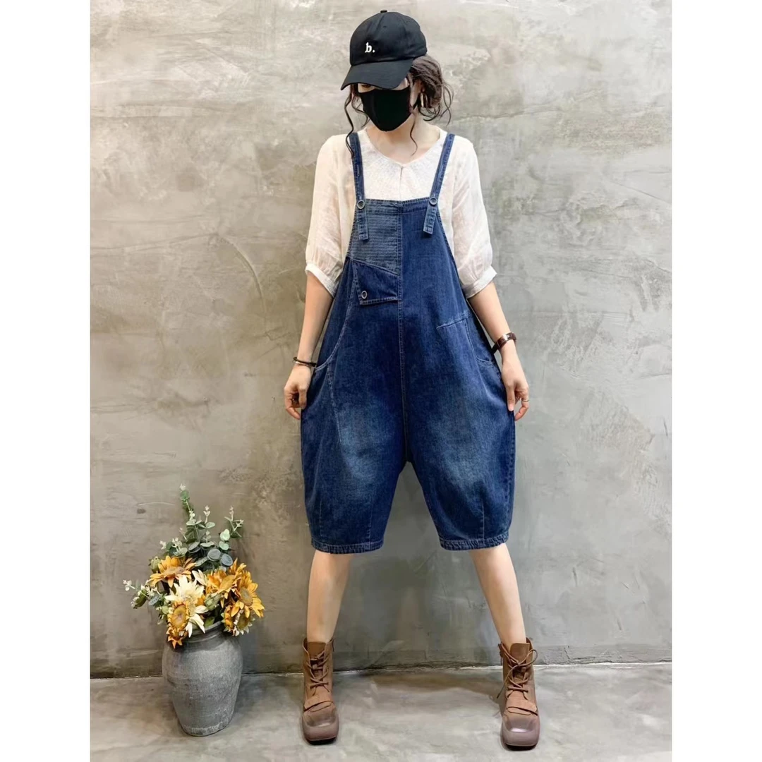 【昊雅】时尚七分条纹拼接牛仔背带裤  薄款显瘦夏季宽松水洗垮裤