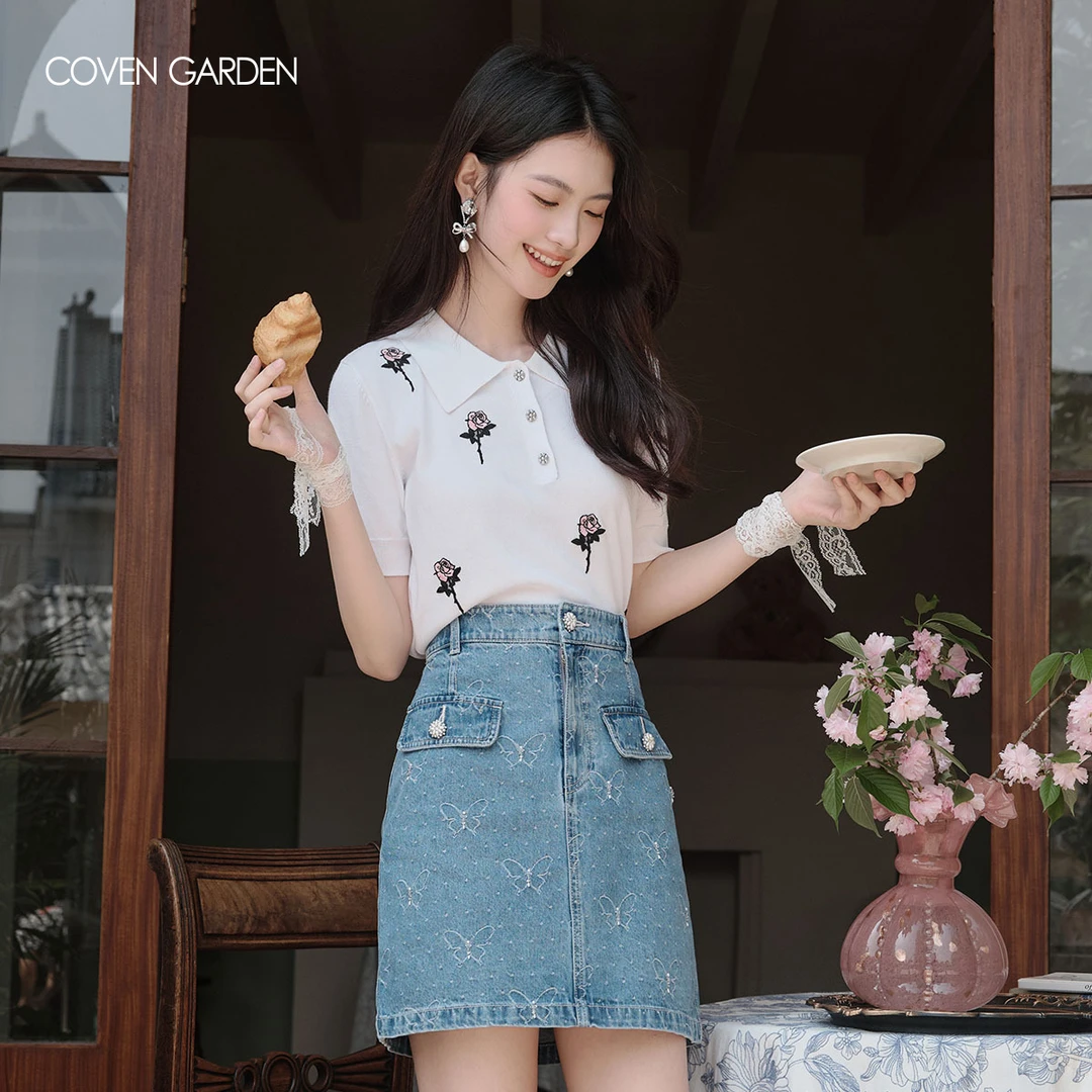 哥文花园  玫瑰刺绣针织POLO衫 CTA2035430 COVEN GARDEN