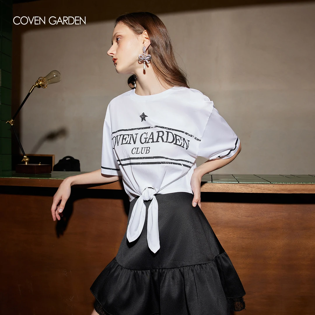 哥文花园 复古绑结纯棉白色T恤 CTC2022178 COVEN GARDEN