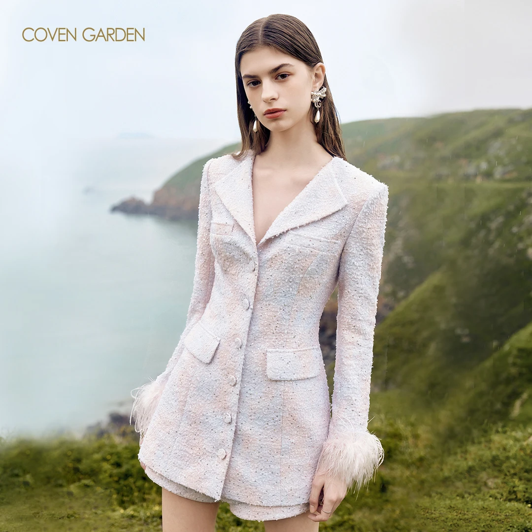 哥文花园 渐变晕染珠片粉紫调花呢外套 CLA3046160