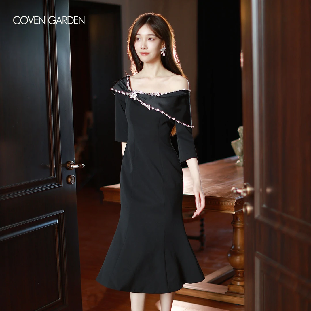 哥文花园 黑色披肩式鱼尾连衣裙礼裙 CLA1082280