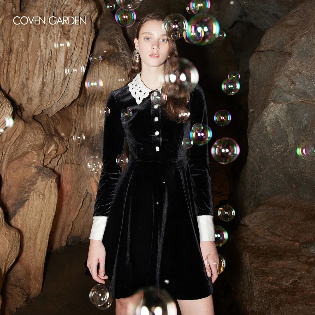 哥文花园  黑色复古法式丝绒连衣裙小黑裙穿搭 CTA4081920