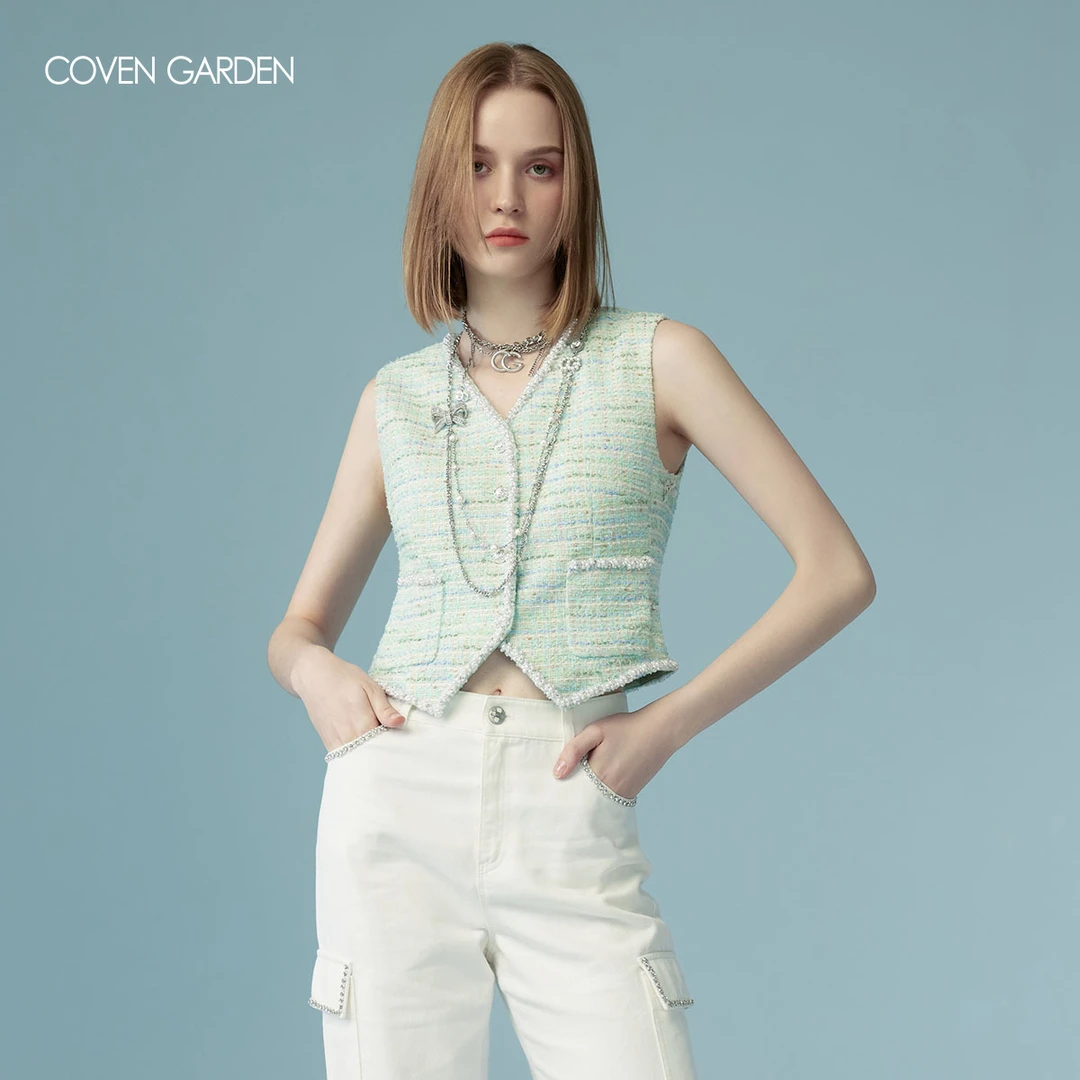 哥文花园 小香风薄荷绿马甲外套女钉珠 CLA1345340