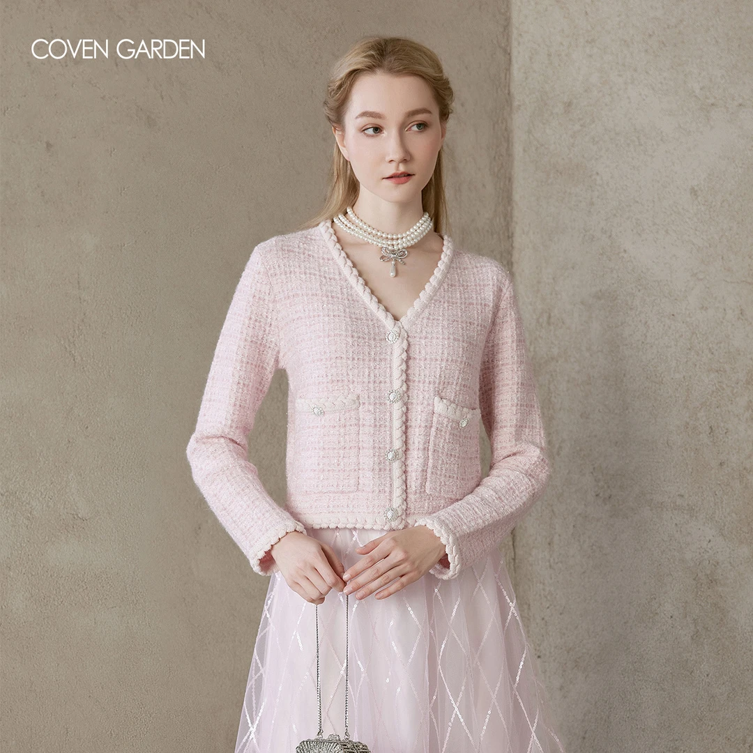 哥文花园   桃粉色花纱针织开衫小香风外套 CTA4034240