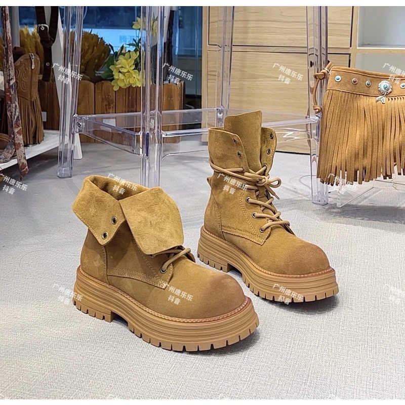 【5天内发出】--两穿厚底短靴可翻前系带擦色马丁工装女靴BFL555-66