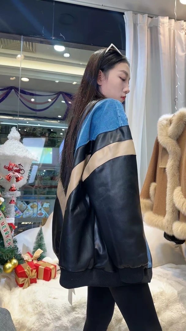 广州唐乐乐~秋冬新款时尚宽松复古撞色保暖拼色百搭韩版休闲外套