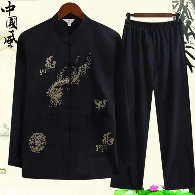 中国风春夏季爸爸套装中老年人男唐装长袖衬衫装老人中式爷爷汉服