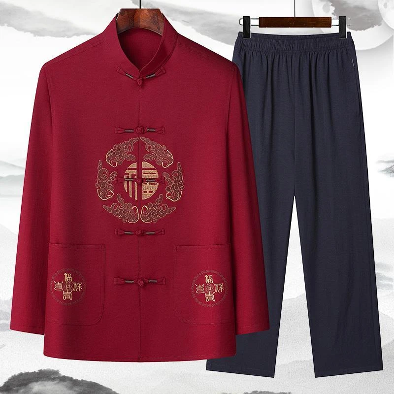 爸爸装中老年冰丝唐装男春夏季中国风爷爷长袖套装新中式老人衣服