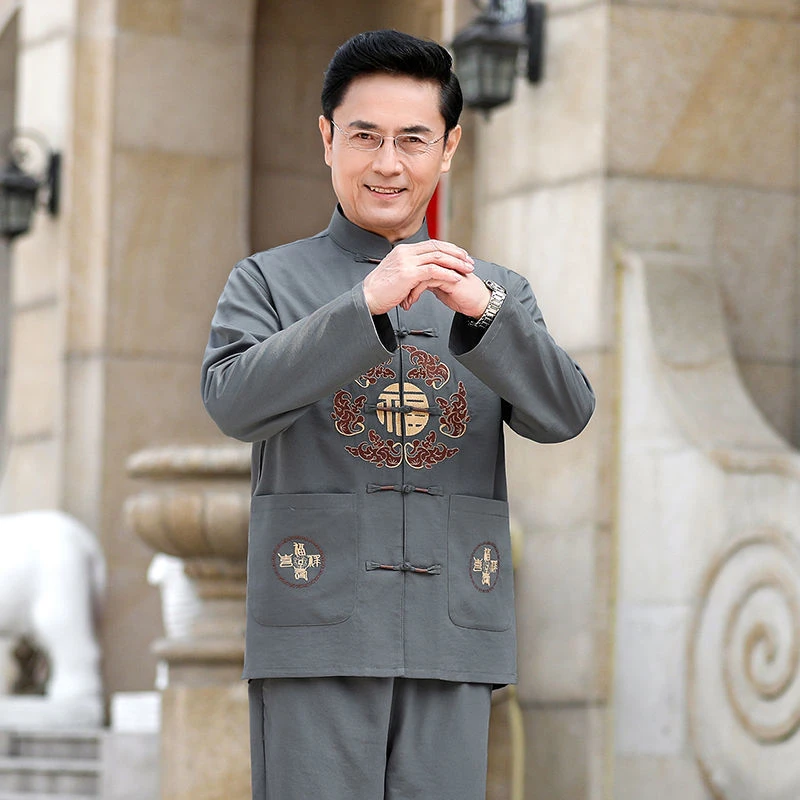 新款唐装中式长袖套装中老年男士宽松休闲刺绣春秋季爸爸全套上衣