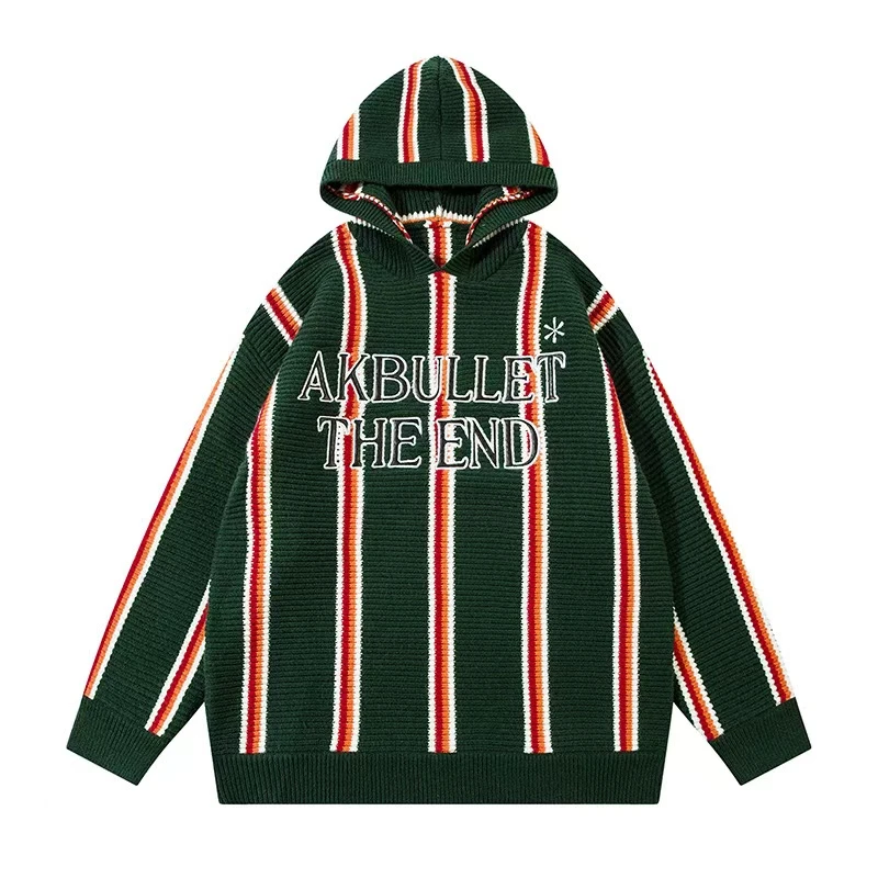 PC 美式条纹慵懒感刺绣字母百搭宽松休闲情侣连帽毛衣