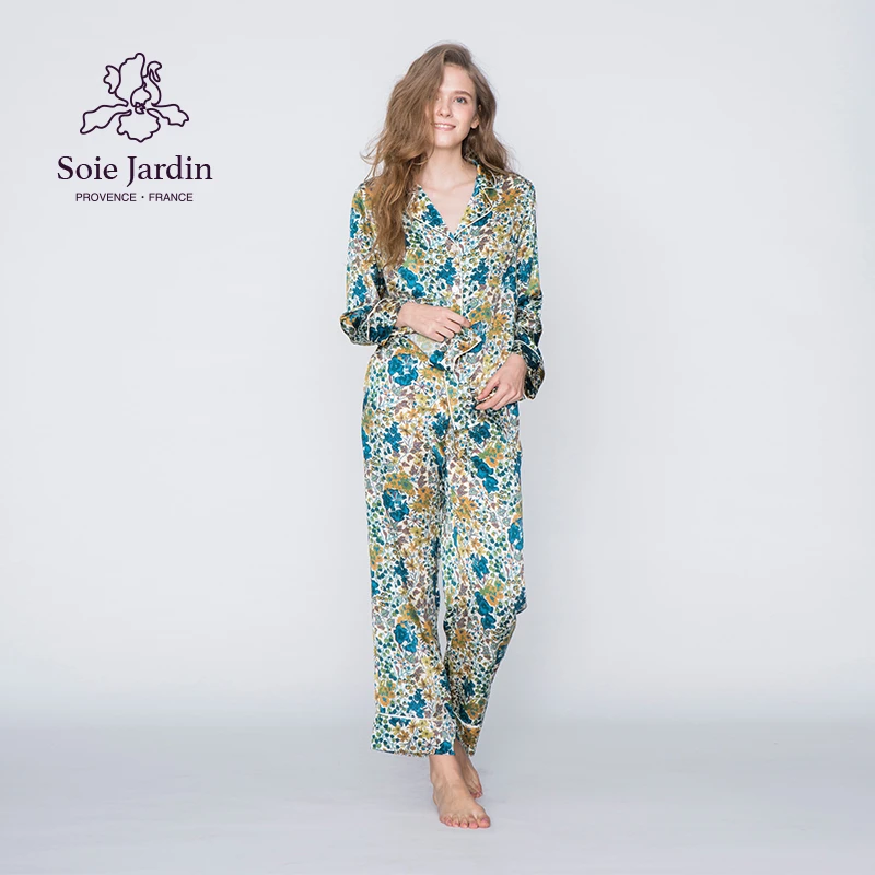 soie jardin7#冬青英国Liberty进口真丝印花长款桑蚕丝套装