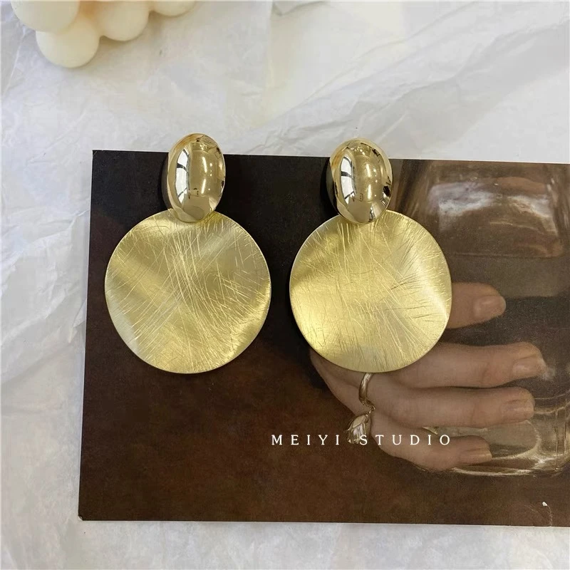 夸张手工拉丝划痕大圆片时尚个性气质金属几何冷淡耳钉