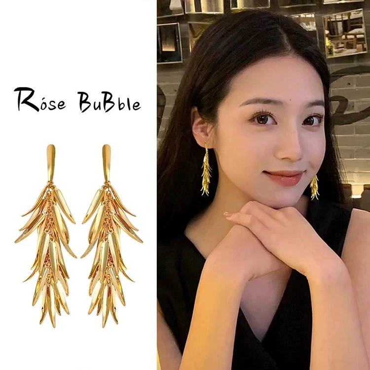 铜合金耳饰 麦穗轻奢长款流苏叶独特耳环新款爆款秋冬高级感耳饰