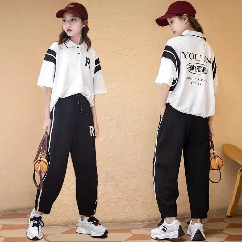 女童夏季运动套装2024新款12洋气中大童13岁女孩网红休闲短袖夏装