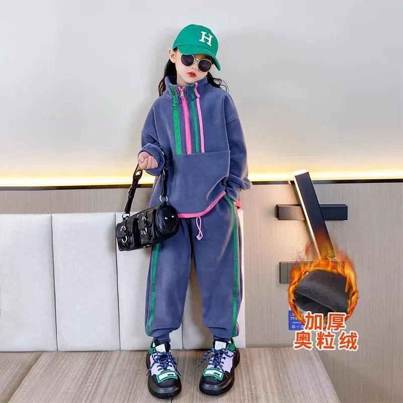 女童加绒套装秋冬装2025新款韩版儿童洋气加厚大童网红运动两件套