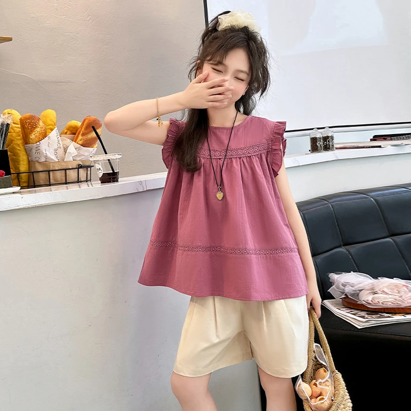 女童娃娃衫套装夏季2024新款大童时髦洋气短裤两件套夏装飞袖上衣