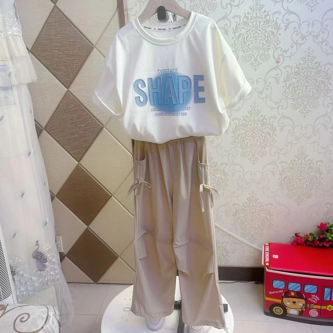 2024夏款女童套装蓝色字母短袖新款儿童大童装夏季淡黄色长裤子潮
