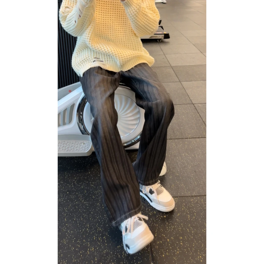 美式复古条纹牛仔裤风裤子欧美痞帅clean微喇裤男男款裤子男