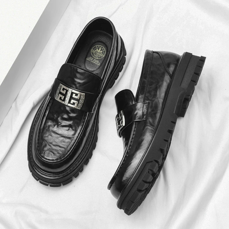 9980皮鞋男新款商务英伦风时尚百搭黑色春夏男士厚底潮流一脚蹬鞋
