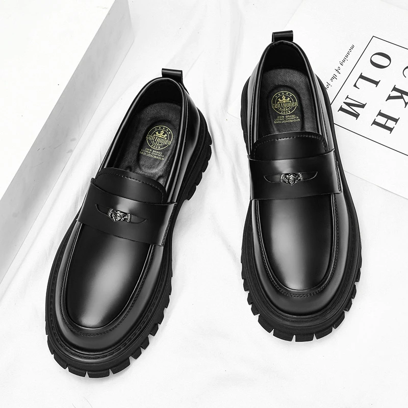 7757皮鞋男一脚蹬时尚男士休闲大头德比厚底增高英伦百搭乐福鞋男