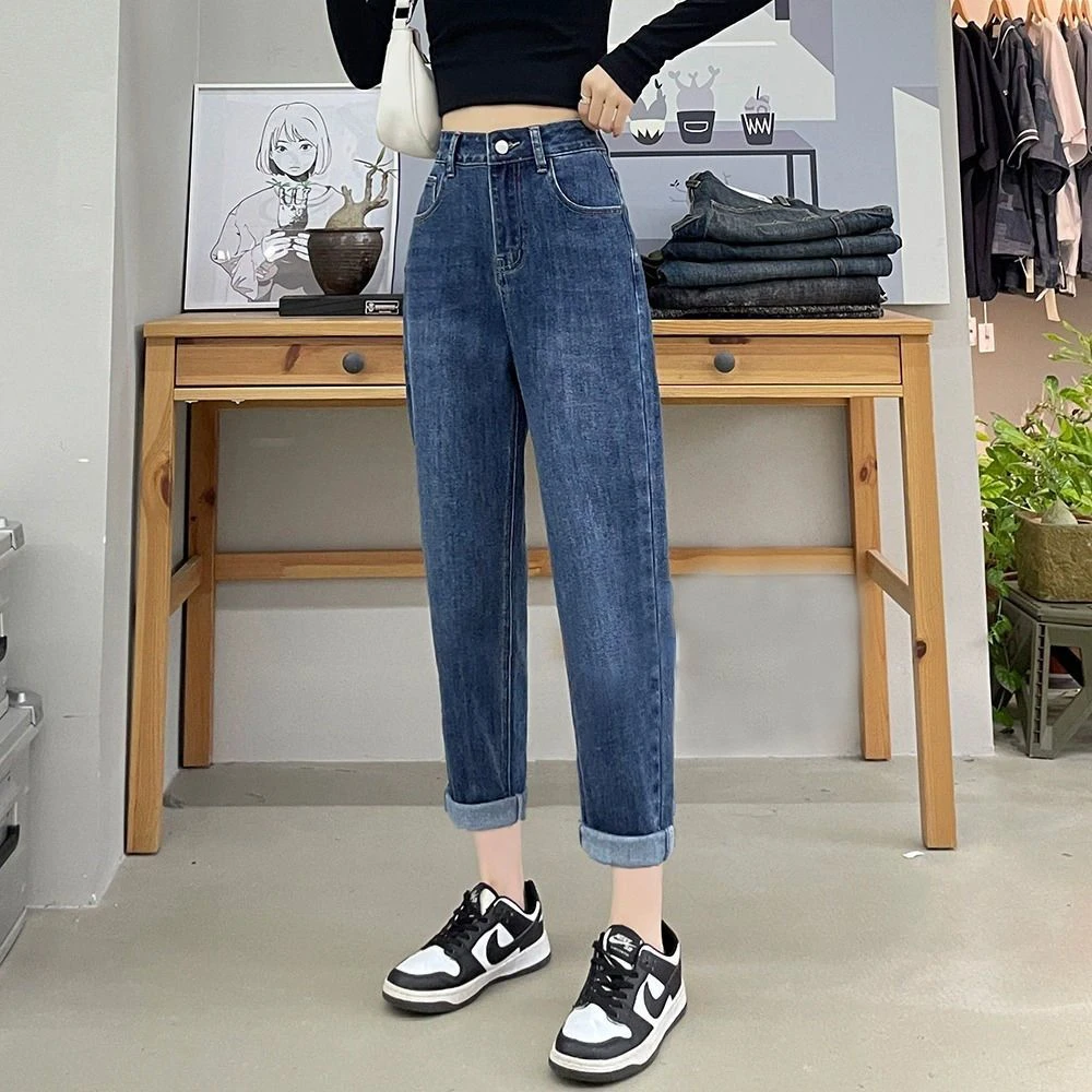 秋季新款爆款蓝色牛仔裤女士高腰显瘦老爹裤小个子宽松大码女裤子
