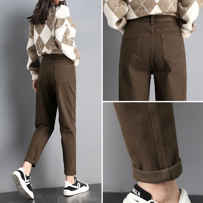 咖啡色牛仔裤女士秋冬加绒女装高腰加厚休闲九分宽松大码老爹裤女