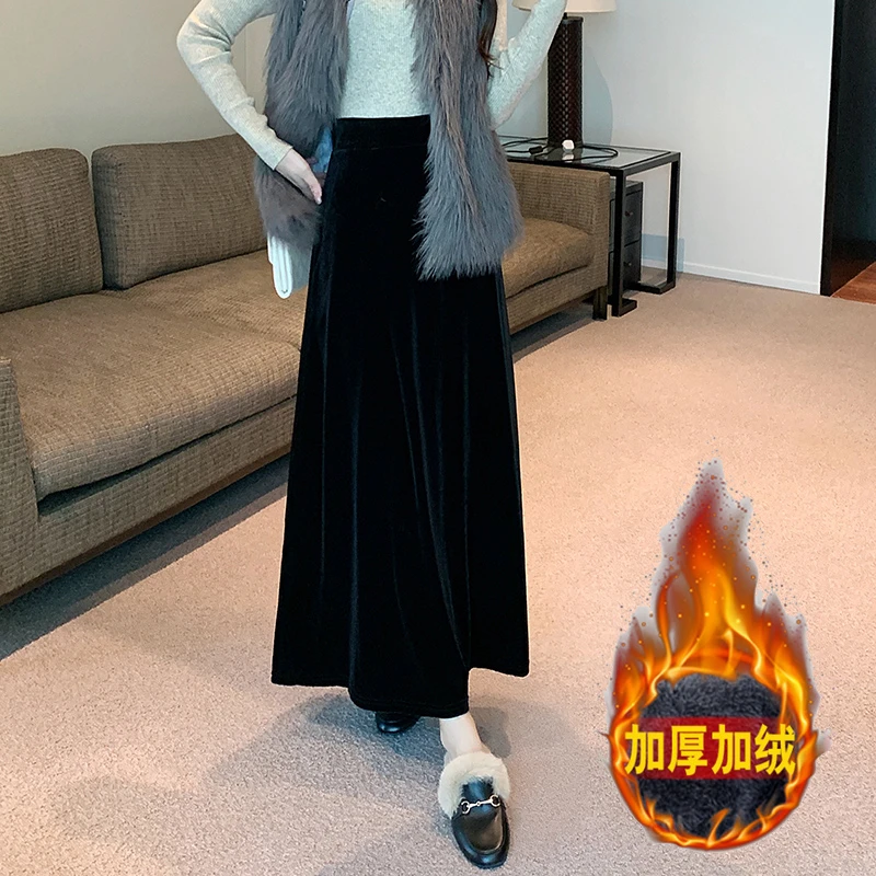 加厚金丝绒半裙加绒半身裙女秋冬高腰垂感复古显瘦A字裙新款黑色
