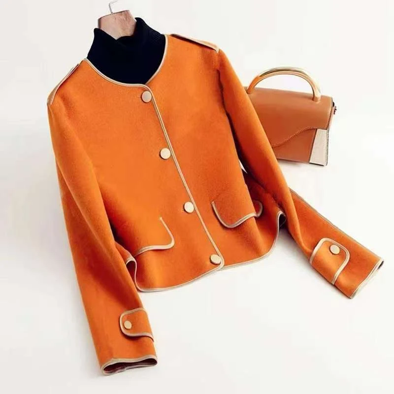 爱马橘 颜色超正的呢子气质外套 圆领短款轻奢大衣女秋冬毛呢外套