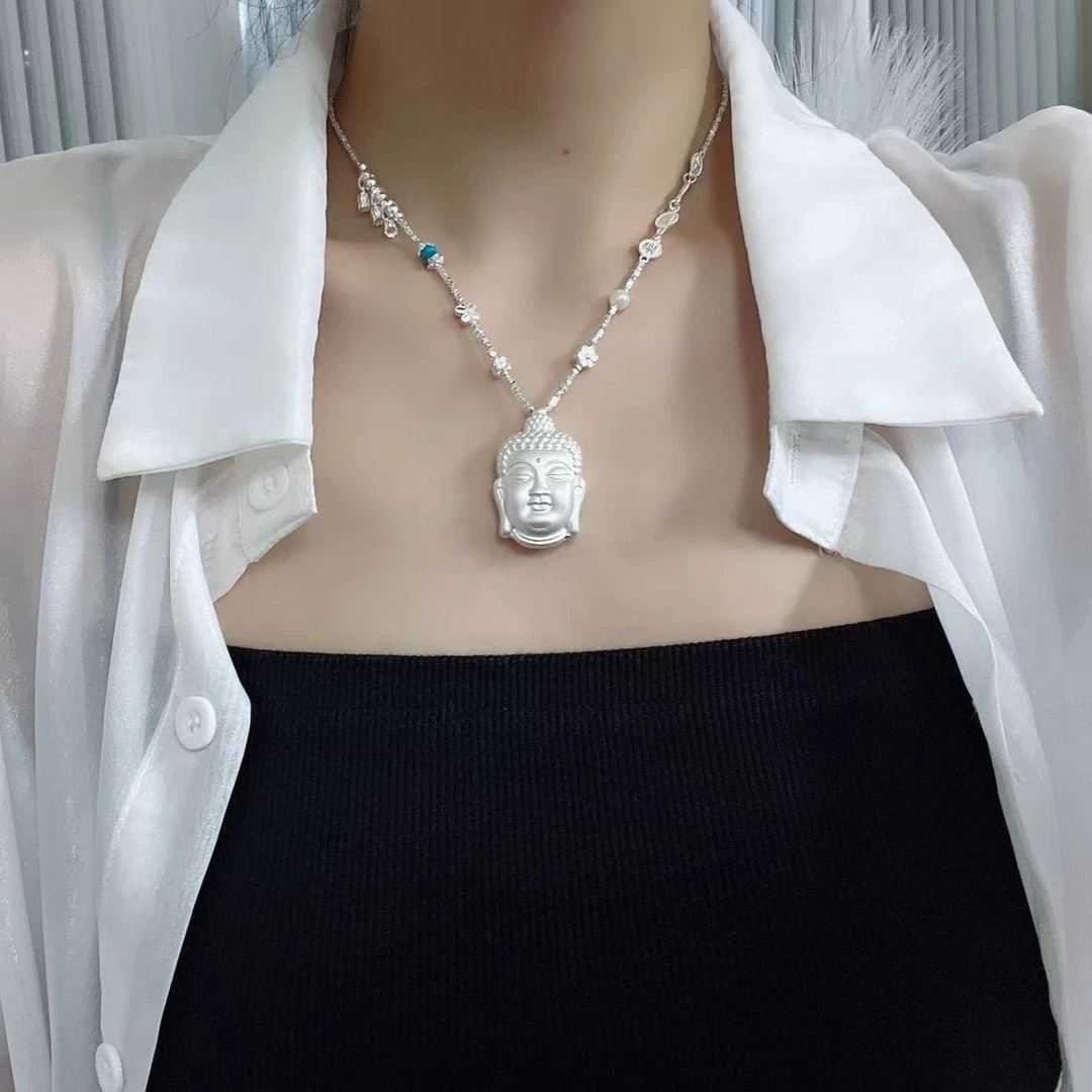 吊坠足银 足银999古法佛头吊坠平安佛公手工气质白色轻奢时尚小众