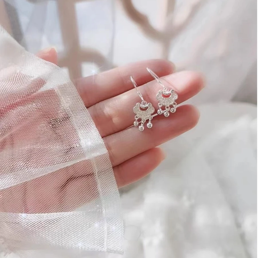 足银耳饰 足银纯银长命锁耳环女新款实心养耳耳饰气质可爱百搭