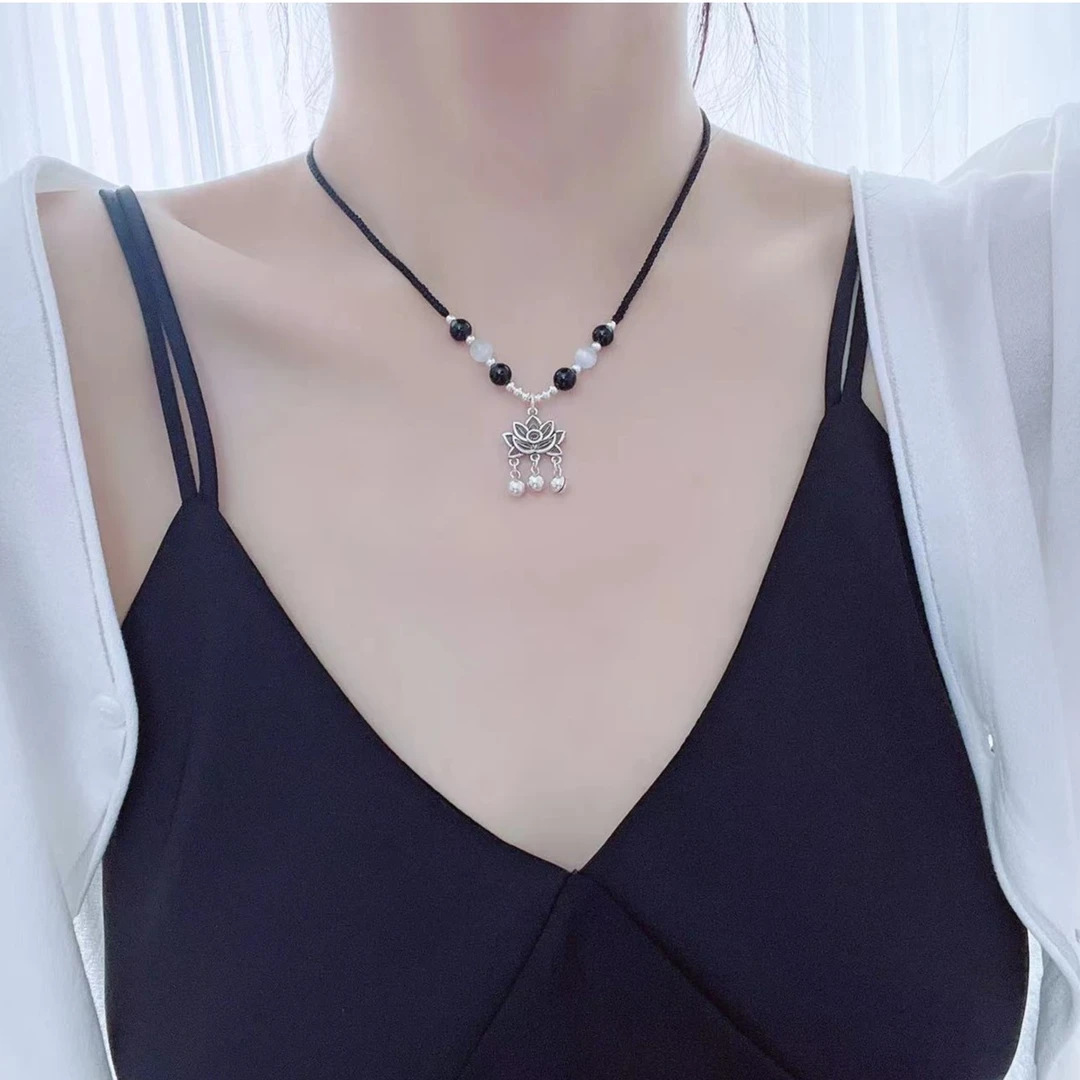 吊坠925银 纯银平安锁荷花复古锁包项链女款手工时尚编织编绳素款