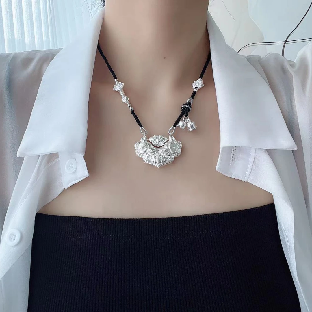 坠链均足银 足银999双鱼锦锂平安锁莲花铃兰花如意时尚编织纯手工