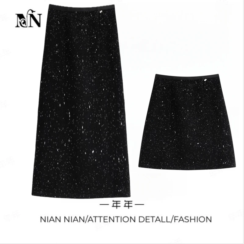 〖闪闪惹人爱〗年年2024冬季新款闪闪亮片开叉半身裙高腰显瘦包臀裙