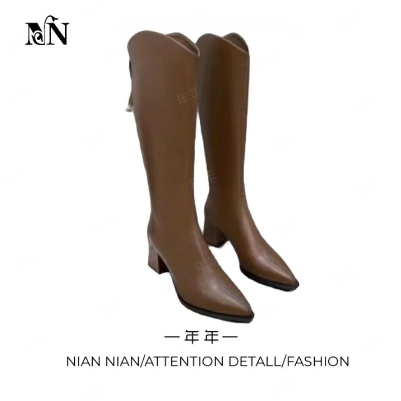 〖深秋摩卡〗年年2023年秋季新款粗高跟皮长筒女靴尖头v口高筒靴