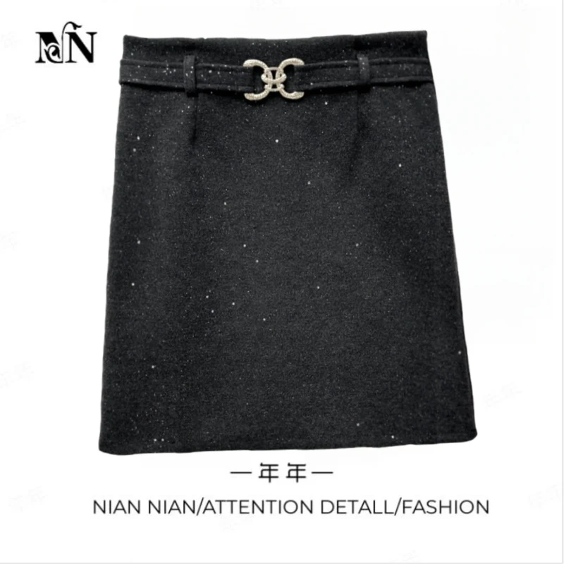 〖百搭自由〗年年2024冬季新款亮片毛呢半身裙高腰显瘦直筒裙气质