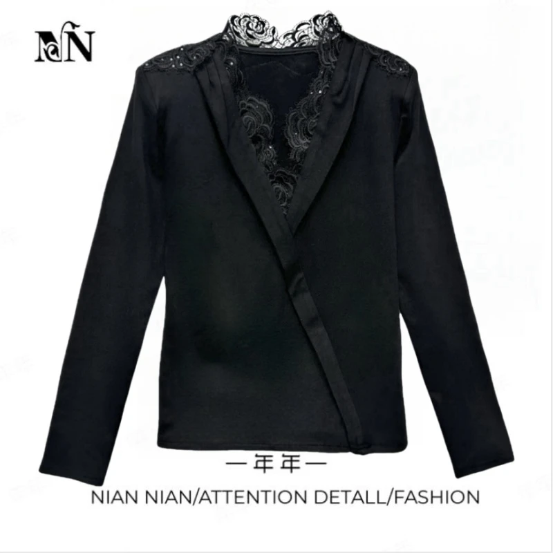 〖曼妙身姿〗年年2025高级感蕾丝花边磨毛打底衫气质显瘦百搭女修身