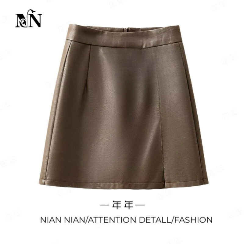 〖不落清风〗年年2025年春季新款高腰短裙女开叉皮裙a字包臀半身裙