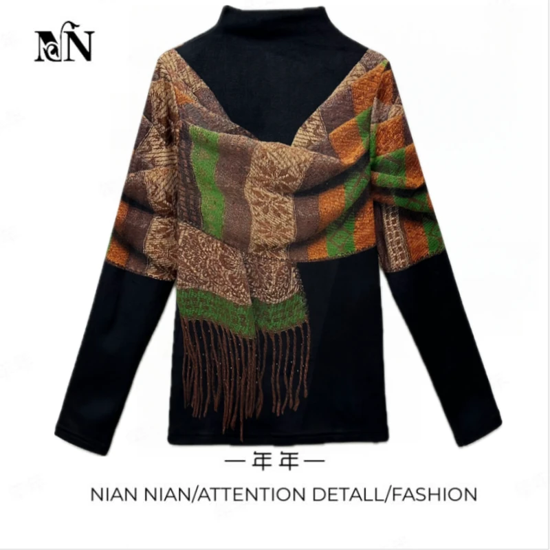 〖点缀银河〗年年2024冬季新款半高领假围巾烫钻上衣百搭显瘦气质