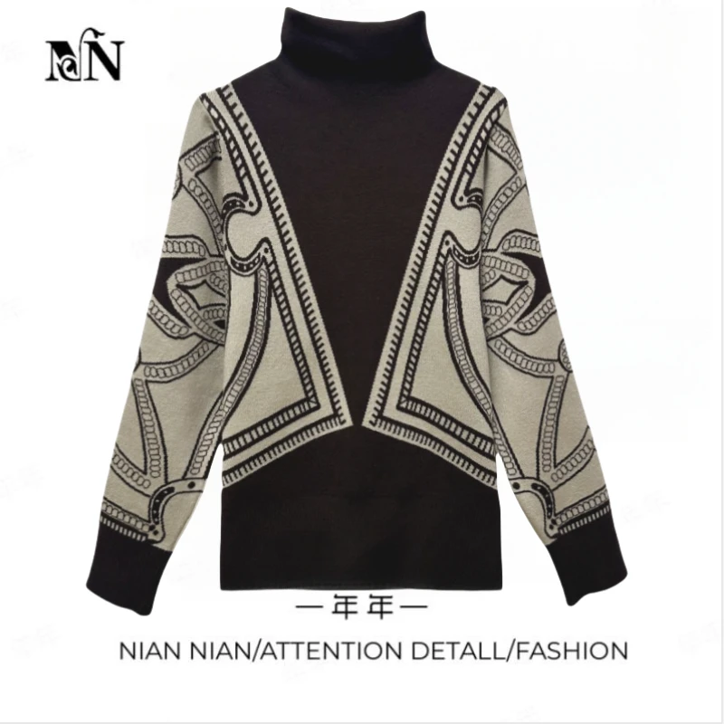 〖小调协奏〗年年2024冬季新款半高领长袖针织衫拼接撞色设计上衣