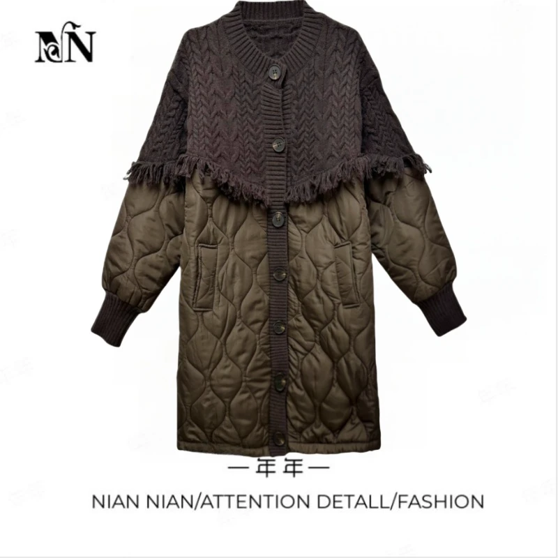 〖伦敦早冬〗年年2024冬季新款针织拼接棉服外套宽松显瘦中长款大衣