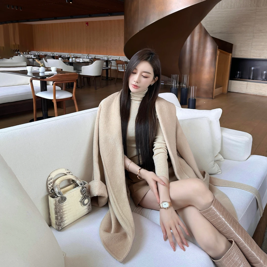 SX善喜温柔气质羊毛骆驼绒翻领呢大衣女高奢名媛女神保暖系带外套