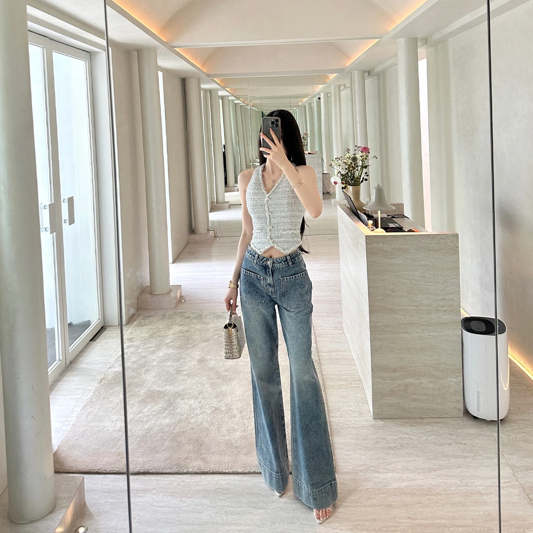 SX善喜复古大口袋高腰直筒牛仔裤女宽松显瘦百搭拖地阔腿休闲长裤