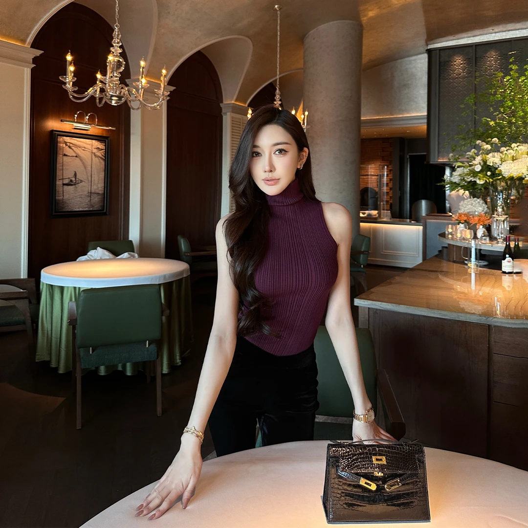 SX善喜修身高领弹力无袖背心女内搭针织毛衣性感气质紧身打底上衣