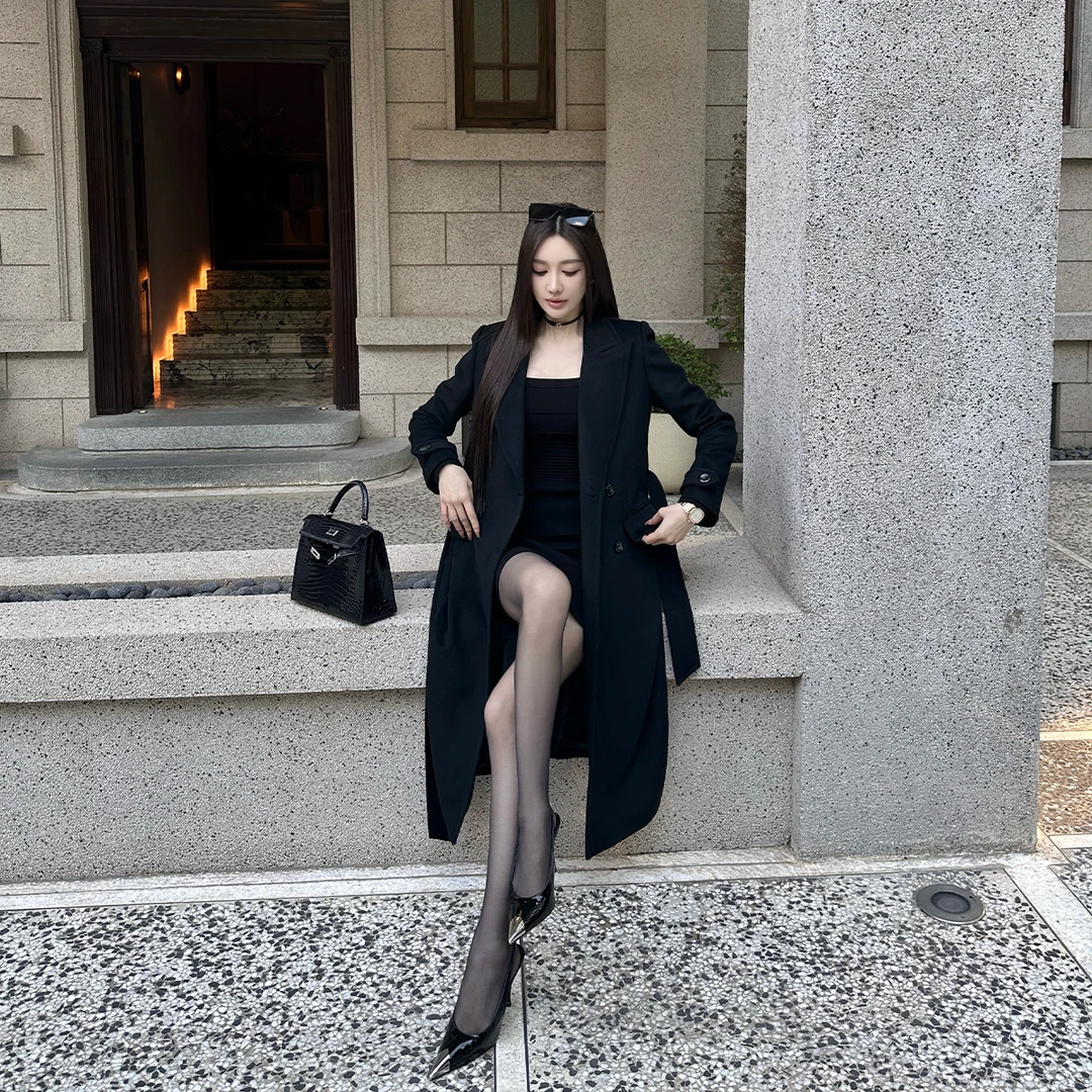 SX善喜黑色羊毛西装大衣宽松百搭双排扣气质收腰显瘦中长款外套女