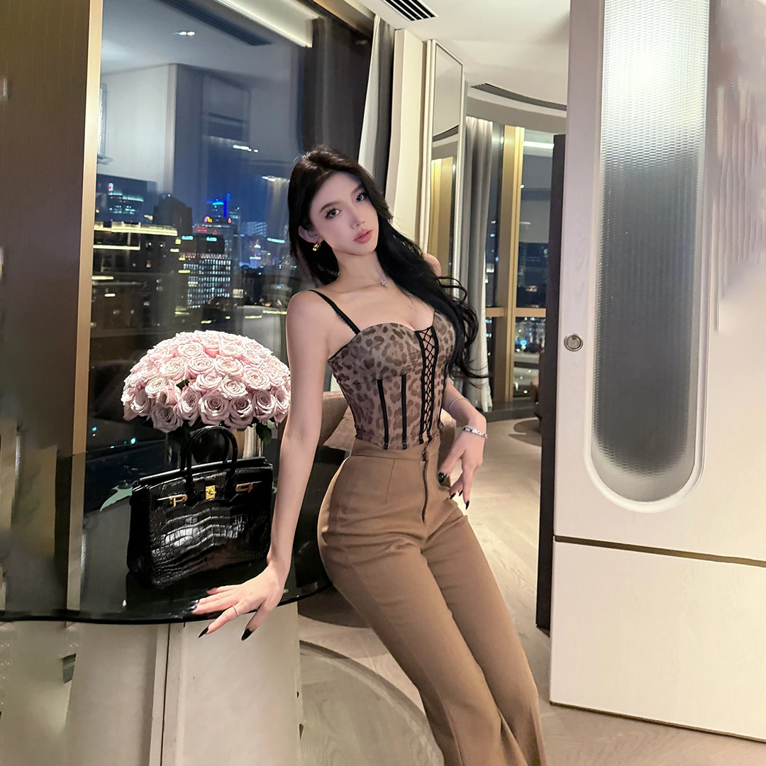 SX善喜性感微透豹纹抹胸吊带女紧身收腰纯欲性感辣妹内搭百搭上衣