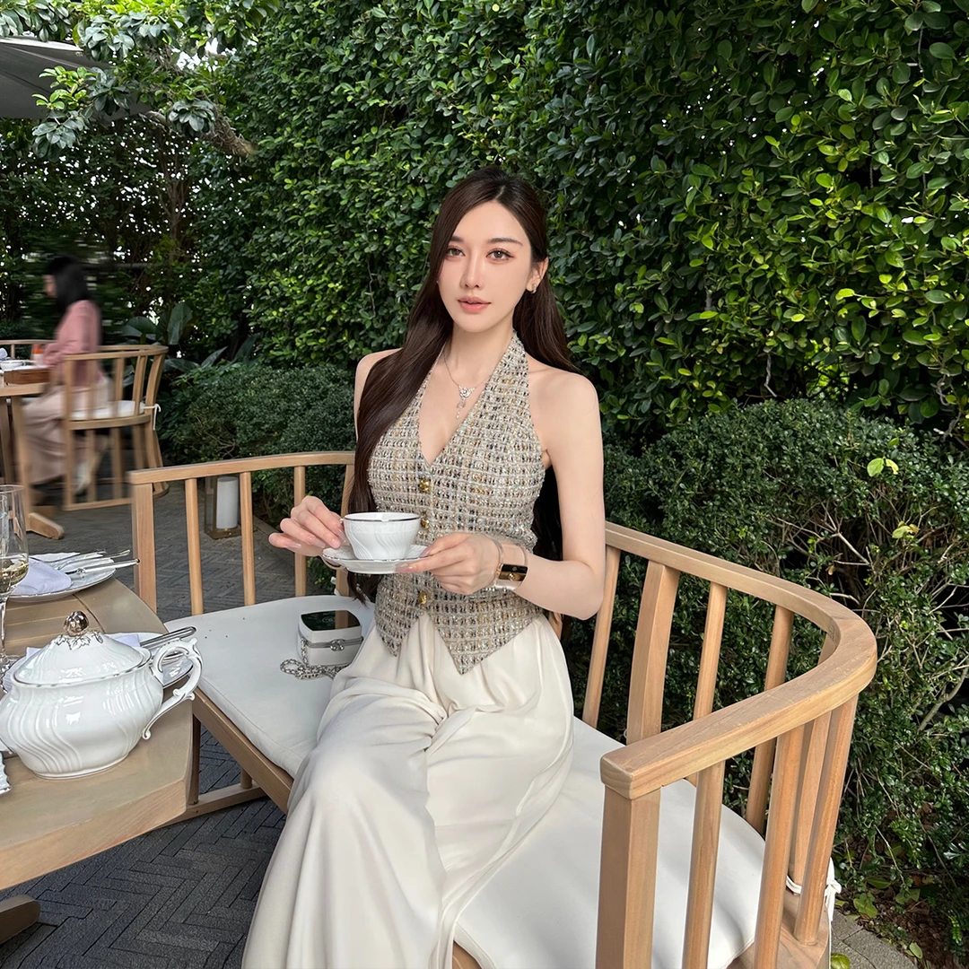 SX善喜气质小香编织挂脖马甲背心女修身显瘦高级名媛纯欲无袖上衣