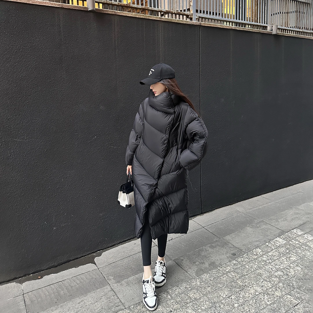 SX善喜黑色加厚保暖90白鹅绒服女冬中长款立翻领轻盈蓬松感面包服