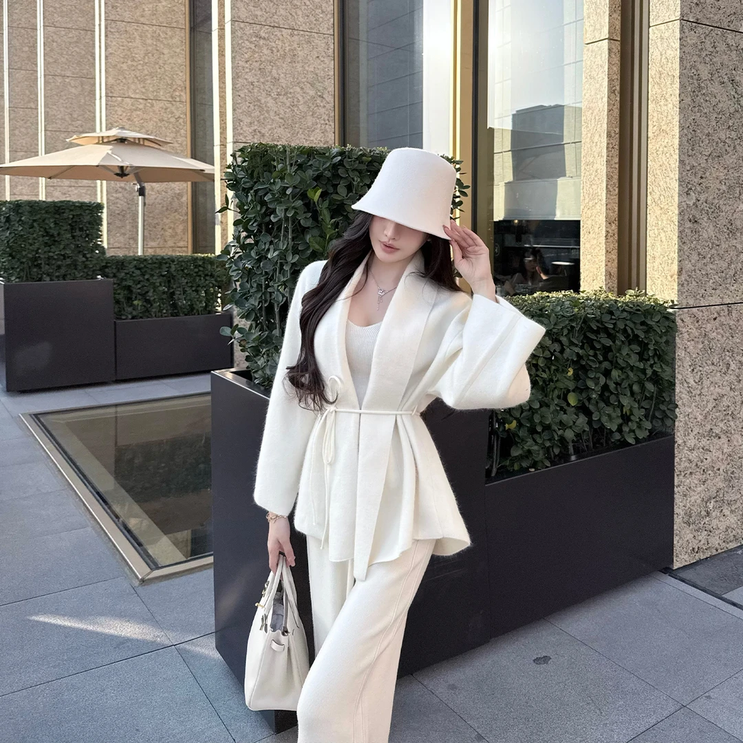 SX善喜米白色浣熊毛翻领针织开衫外套女宽松柔软亲肤高级气质上衣