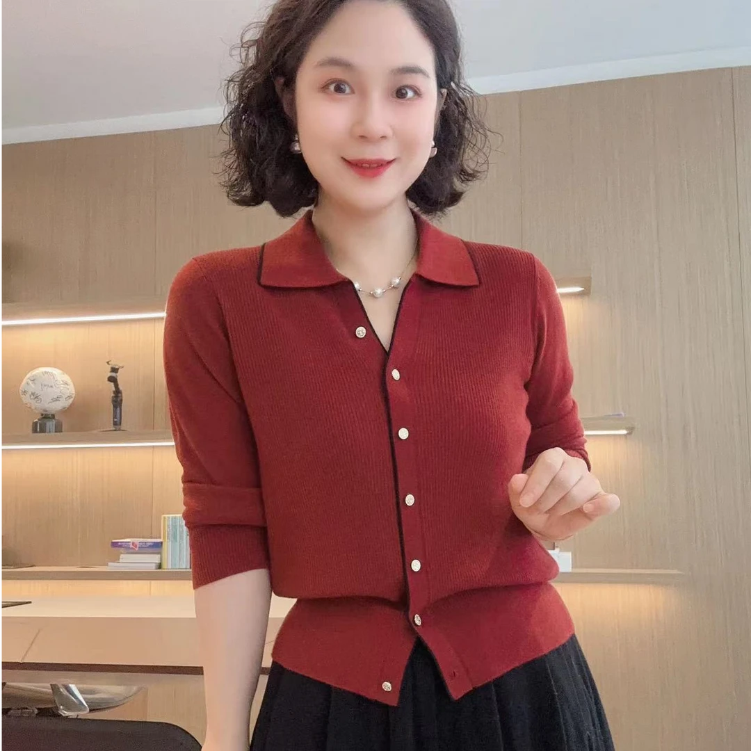 长袖翻领开衫早秋款压边针织衫#GT7980显瘦洋气时尚百搭薄款短款